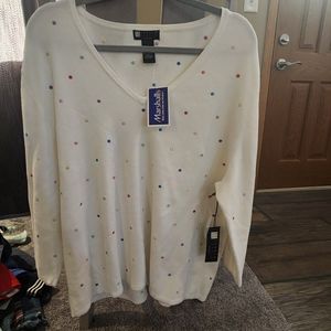 Womens White Polka Dot Carolyn Little Womens V Neck Sweater Plus Size 3X NWT